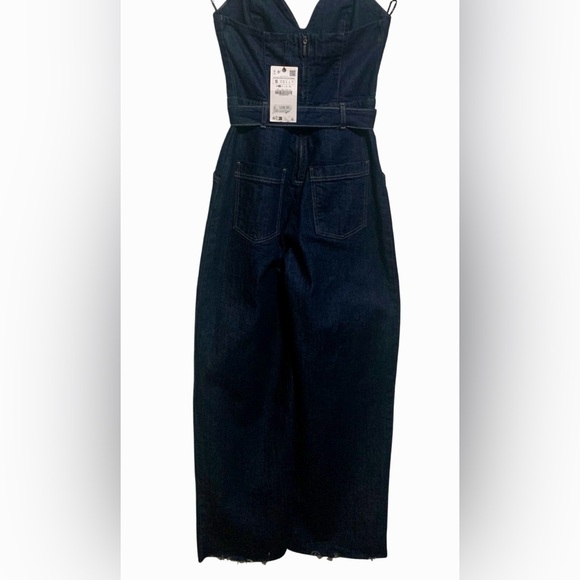 Zara Dark Women Blue Wide Leg Denim Strapless Jumpsuit, Small 99% Cotton. - Picture 5 of 16